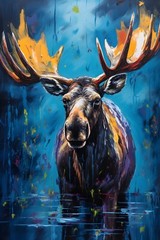 Colorful Moose Oil Painting Print Canvas Wall Art Wildlife Animals Lodge Decor