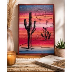Southwest Desert Cactus Sunset Wall Art Framed Pink Orange Blue Saguaro Decor