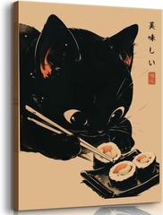 Japanese Cute Black Cat Animal Canvas Poster Delicious Food Sushi Wall Art Vi…