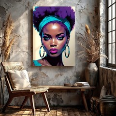 Wall Art African American Woman Portrait Canvas Print Purple Afro Modern Decor
