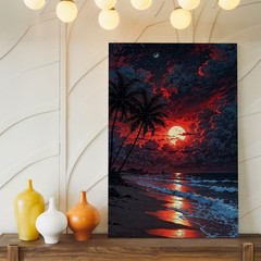 Red Moon Beach Night Canvas Art Tropical Palm Trees Ocean Waves Wall Decor Print