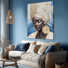 Blue Gold Black Woman Canvas Art – 32×48″ Modern Portrait for Home & Office