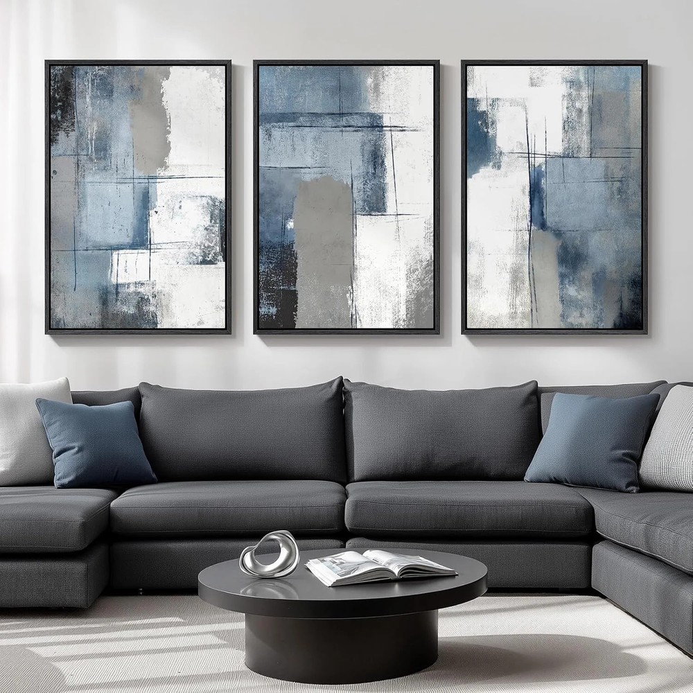 Large Framed Blue and Grey Abstract Wall Art for Living Room, 3 Piece Modern Can