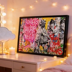 Black Framed Street Graffiti Canvas Wall Art Love Is All We Need Painting Pic…