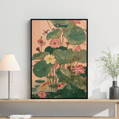 Japanese Lotus Botanical Print, Asian Nature Pink Floral Wall Art