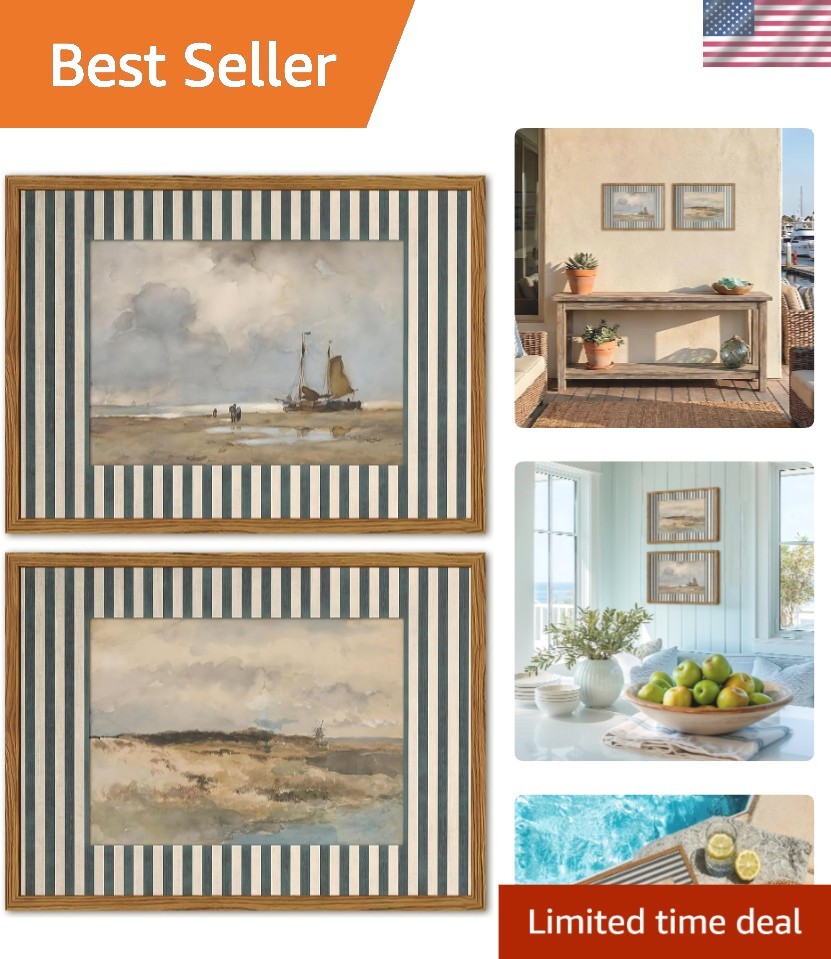 Framed Vintage Coastal Landscape Wall Art Set of 2, Retro Blue and White Stri…