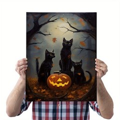 Framed Canvas Three Black Cats Full Moon Pumpkin Fall Dark Forest Vintage Art