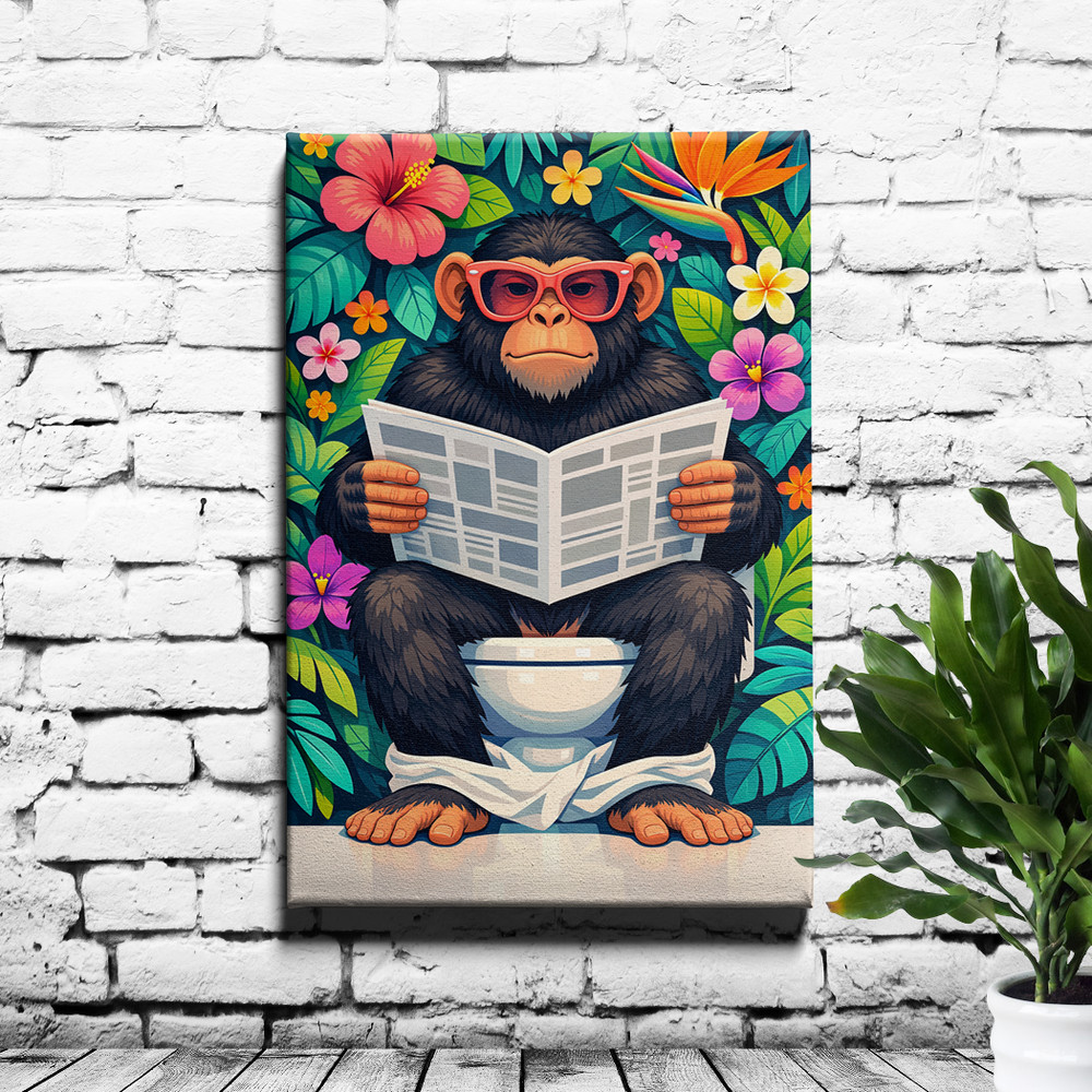Framed Monkey Reading Newspaper Canvas Wall Art Print Funny Animal Decor