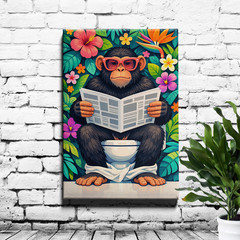 Framed Monkey Reading Newspaper Canvas Wall Art Print Funny Animal Decor