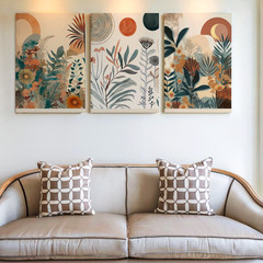 3 Pieces Abstract Botanical Earth Tones Geometric Shapes Large Wall Art Decor