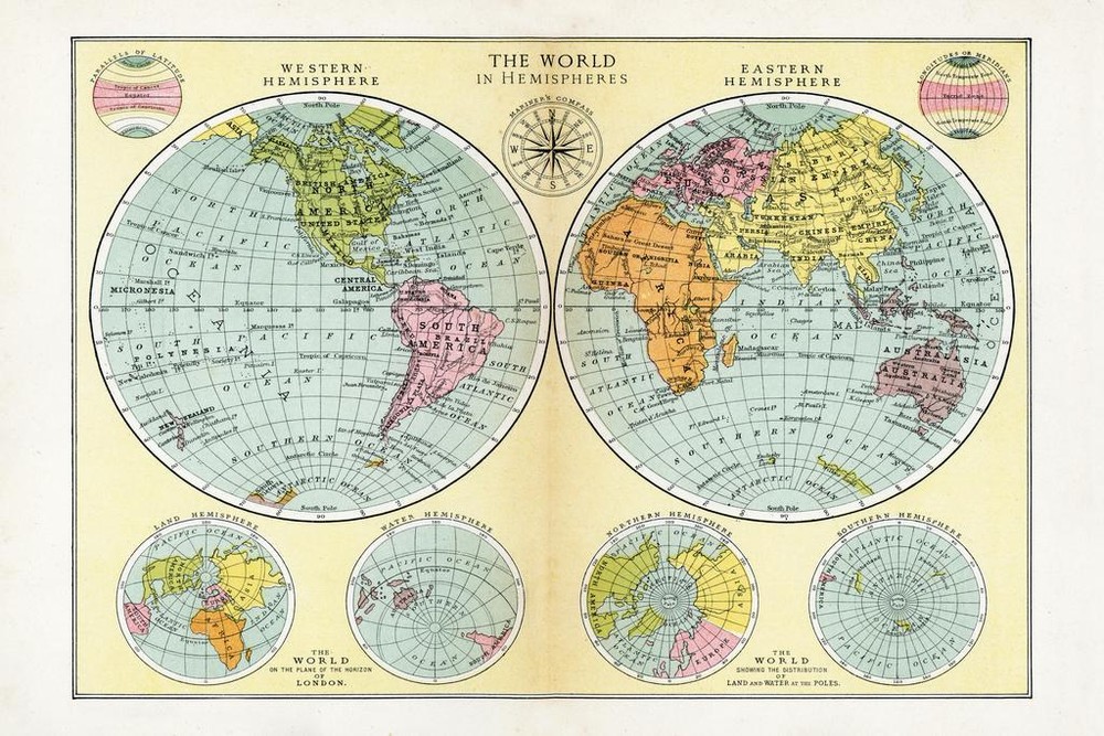The World In Hemispheres Antique Style Map Poster 24×36 inch