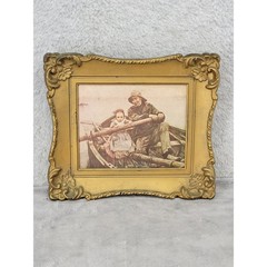 Vintage Ornate Gold Frame Nautical Art Fisherman & Child in Boat Hong Kong