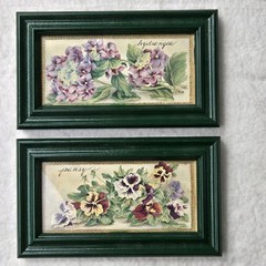 Floral Botanical Framed Art Green Frame Pansy Hydrangea Pair Cottage Farmhouse