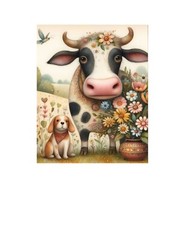 16×20 Cow and Puppy Canvas Print Wall Art, Nursery Wall Art