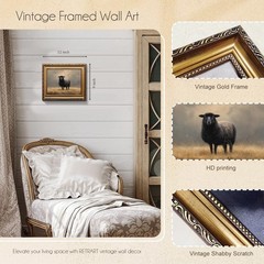 Vintage Gold Framed Wall Art, Black Sheep Canvas Oil Painting, Neutral Farmho…