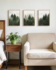Fog Pine Tree Framed Wall Art Nature Nordic Green Forests Artwork Morden Pain…