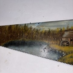 Vintage Rustic Country Art Scenery Watermill Field Pond Hand Painted Hand Saw