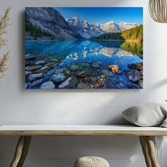 Mountain Lake Landscape Canvas Wall Art with Clear Water Reflection Nature Print