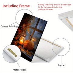 Framed Canvas Window Pumpkin Maple Leaf Candle Fall Autumn Wall Decor