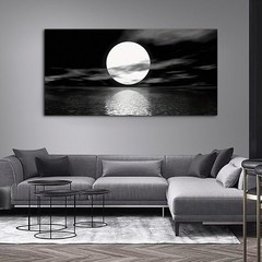 Black and White Moon Ocean Landscape Canvas Painting Canvas Wall Art Wall Poster