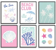 6Pcs Coastal Wall Art Pink Summer Beach Girl Wall Decor Pictures the Sea Beac…