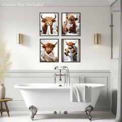 4Pcs Funny Highland Cow Wall Art Pictures, Rustic Cow Canvas Prints for Bathr…