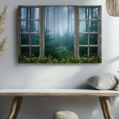 Weathered Wooden Window Frame With Multiple Panes Reveals A Serene Wall Art