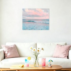 Pink Ocean Cloud Wall Art Teal Blue Sea and Pink Sky Canvas Wall Art Modern N…