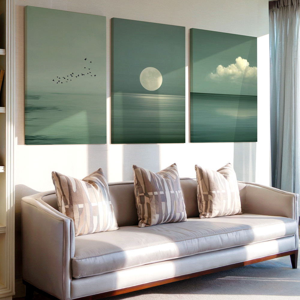 3 Pieces Serene Ocean View Moon Large Wall Art Set for Living Room Set Of 3