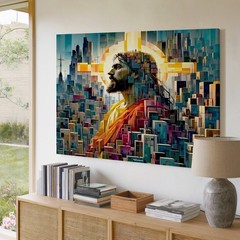 Abstract geometric cityscape with halo figure modern art canvas wall decor print
