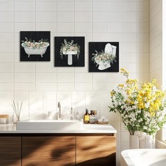 Bathroom Wall Art Set of 3 Canvas Prints 12×12 Inch Stretched Modern Floral B…