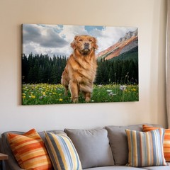 Golden Retriever Canvas Wall Art Meadow Mountain Landscape Nature Wildlife Print