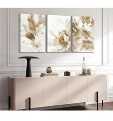 3 Pcs Modern White Floral Golden Leaves Canvas Wall Art Neutral Boho 12”x16” Ea
