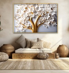 Golden Blooming Tree Wall Art – White Flower Glass Print for Elegant Decor