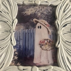 Halloween Tabletop Decor Ghost in The Garden Landscape Rustic White Framed Print