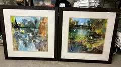 25×25 Framed Abstract Art White Blue Gold Glass Finish Wall Decor Preowned