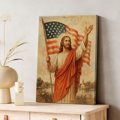 Jesus with American Flag Vintage Poster, Christian Patriotic 4th of July Print