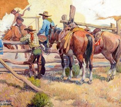 Stretched canvas art print giclée – poster – Pillow – Cowboy Breaking a Bronc