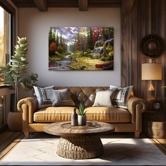 Vintage Rustic Cabin Fly Fishing Autumn Forest Painting Canvas Wall Art Print