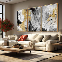 Gold Abstract Wall Art Set – Modern Black & White Canvas for Home & Office Decor