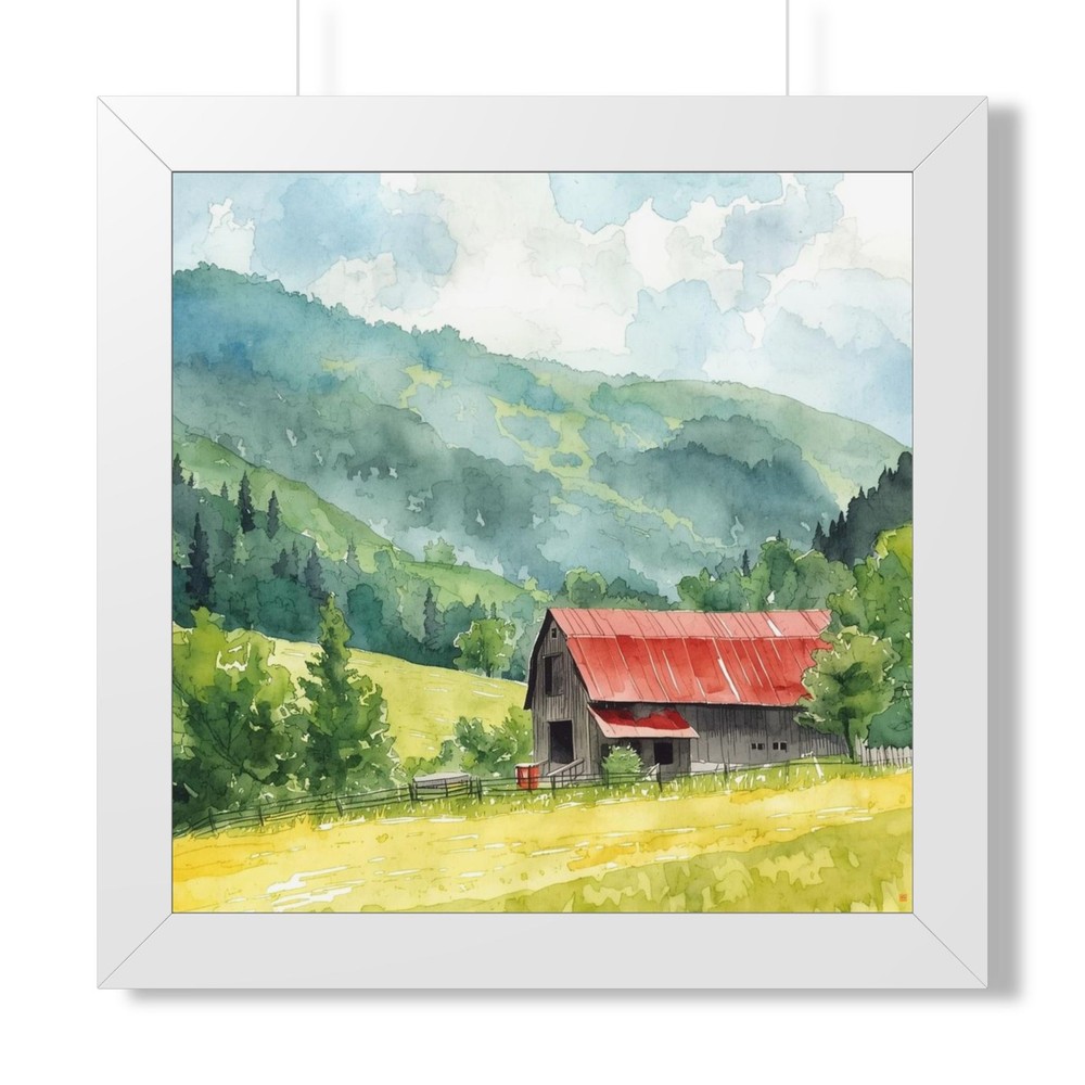 Country Barn Landscape Framed Poster | Watercolor Mountain Scene