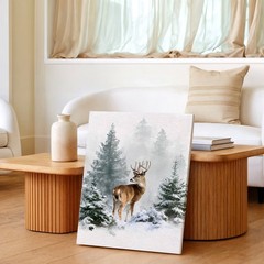 Wall Art Deer in Snowy Pine Forest Winter Wildlife Watercolor Print Home Decor