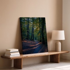 Wall Art Serene Forest Scene At Dusk, Featuring Tall, Majestic Trees With Thick