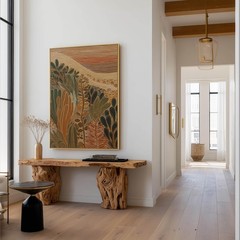 Abstract paintings on terracotta, modern botanical paintings in earthy tones.