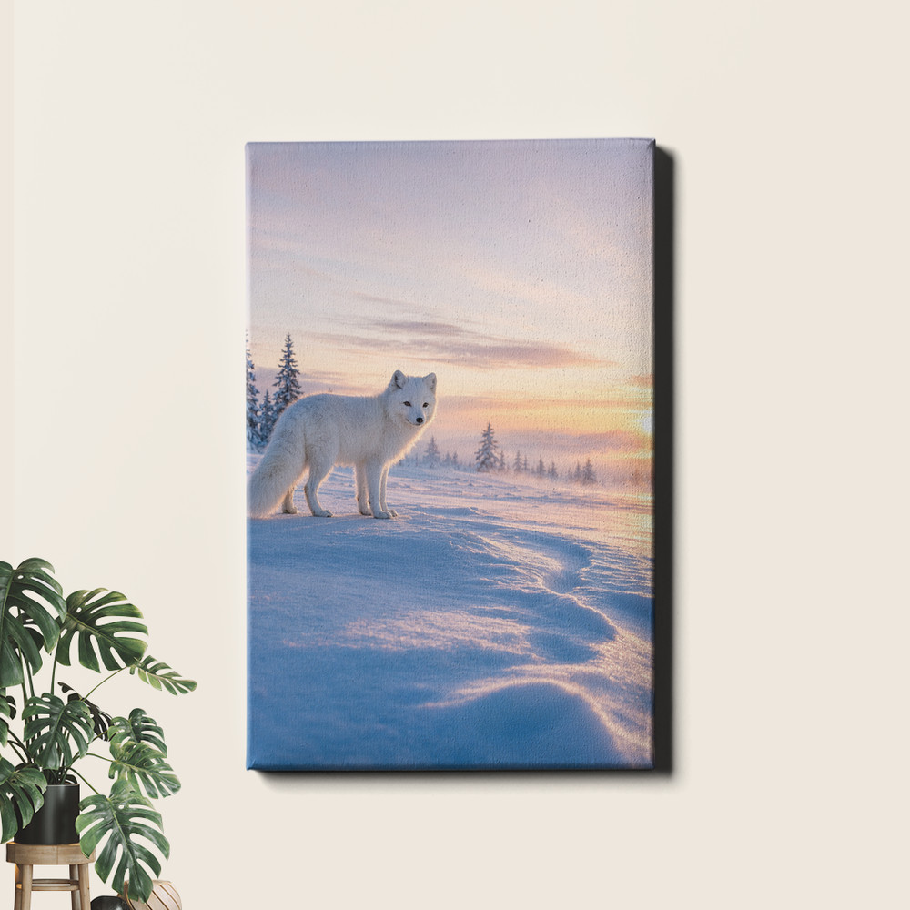 Arctic Fox in Snowy Winter Landscape Wall Art Wildlife Scene in White Snow