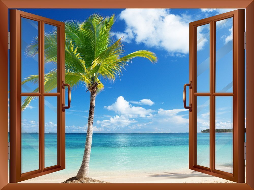 Wall26 – Scenery Palm Tree and Clear Sea View from inside a Window – 24″x32″