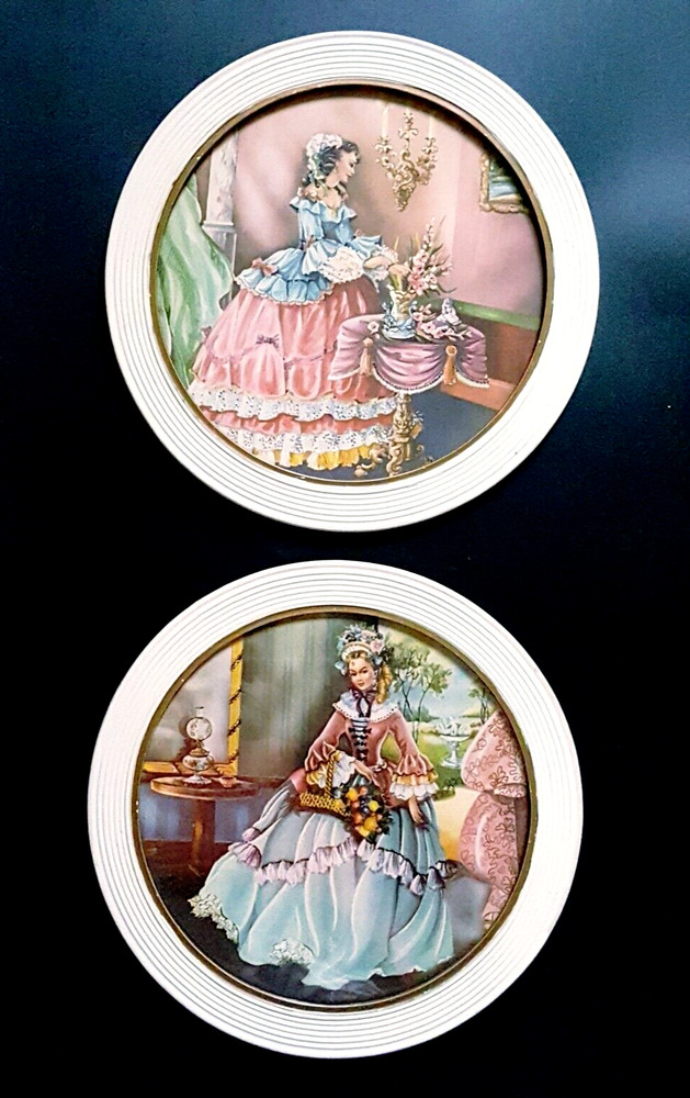 VTG Shabby Cottage Round Wall Art Prints Victorian Southern Women 9″ Set of 2