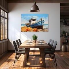 Old Fishing Boat Coastal Painting Print on Framed Canvas, Nautical Coastal Decor