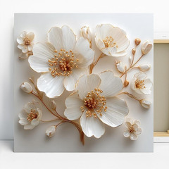 3D Effect White & Gold Floral Square Wall Art Panel, Flowers Decorative Decor