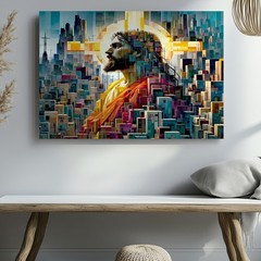 Abstract geometric cityscape with halo figure modern art canvas wall decor print
